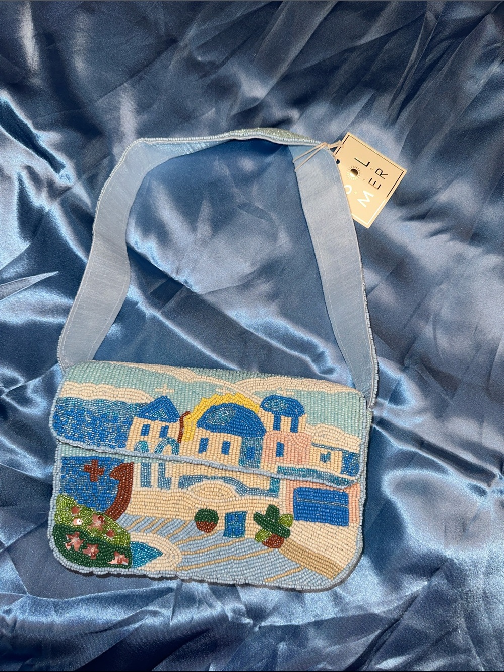 Sol and Mer Hand-Beaded Mediterranean Motif Shoulder Bag in Light Blue